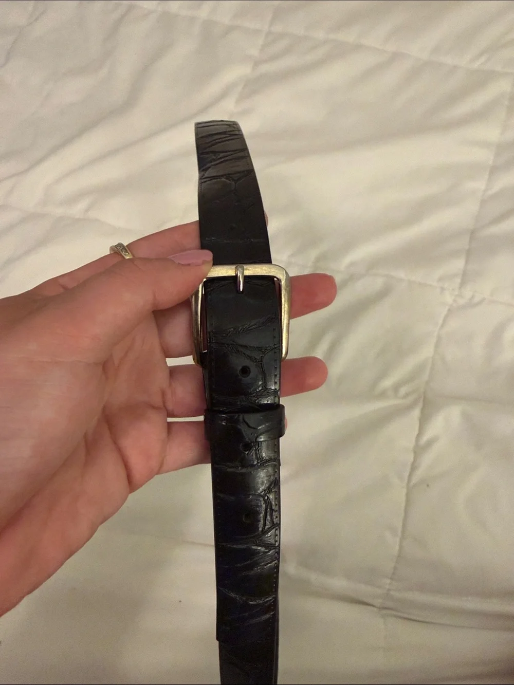 Women's Black Croc-Embossed Leather Belt with Gold Buckle